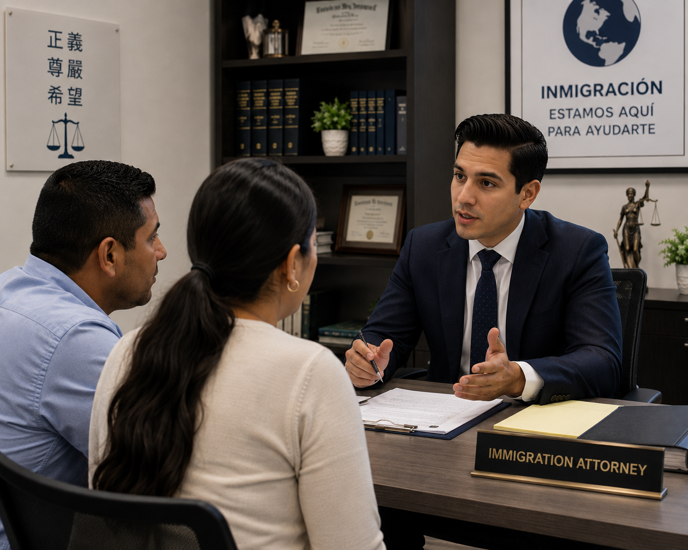 Attorney and client reviewing immigration paperwork