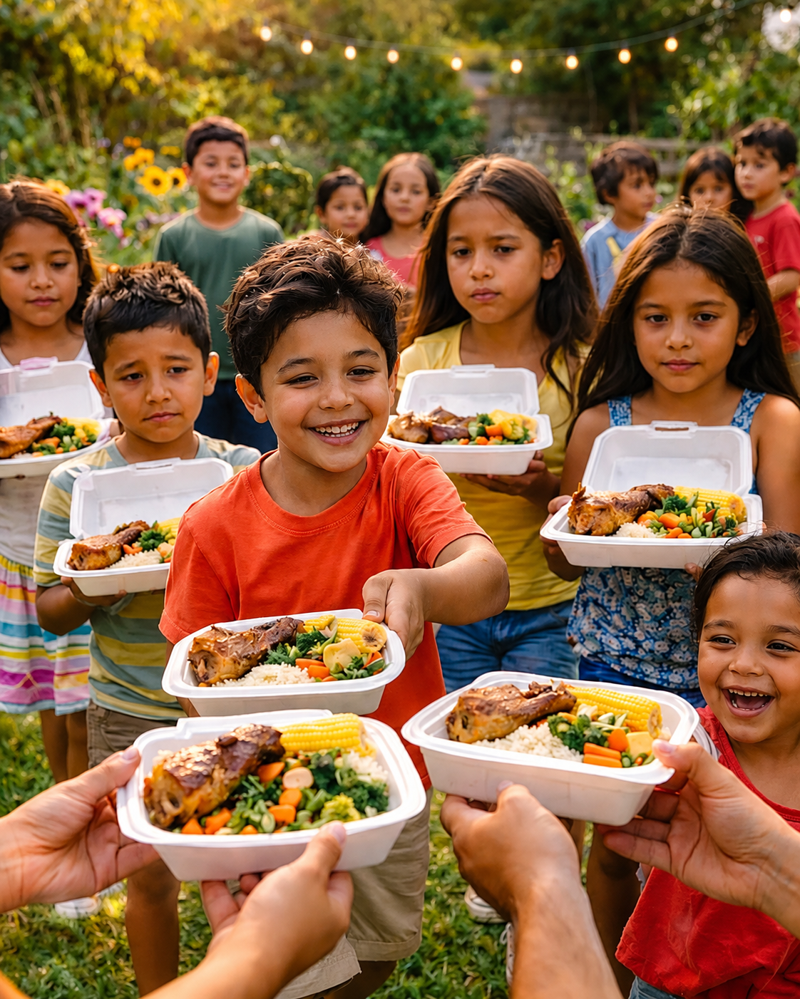 Hands sharing a warm meal at a community table