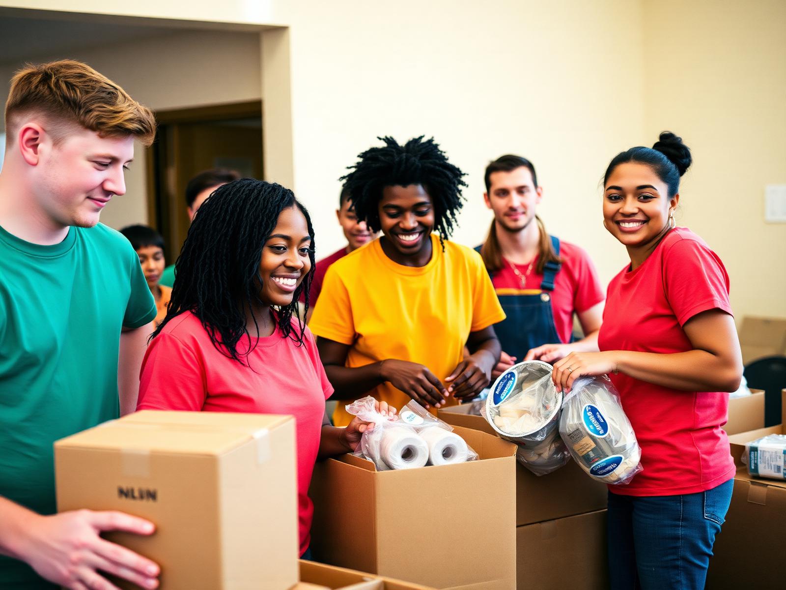 Volunteers packing supplies for families in need